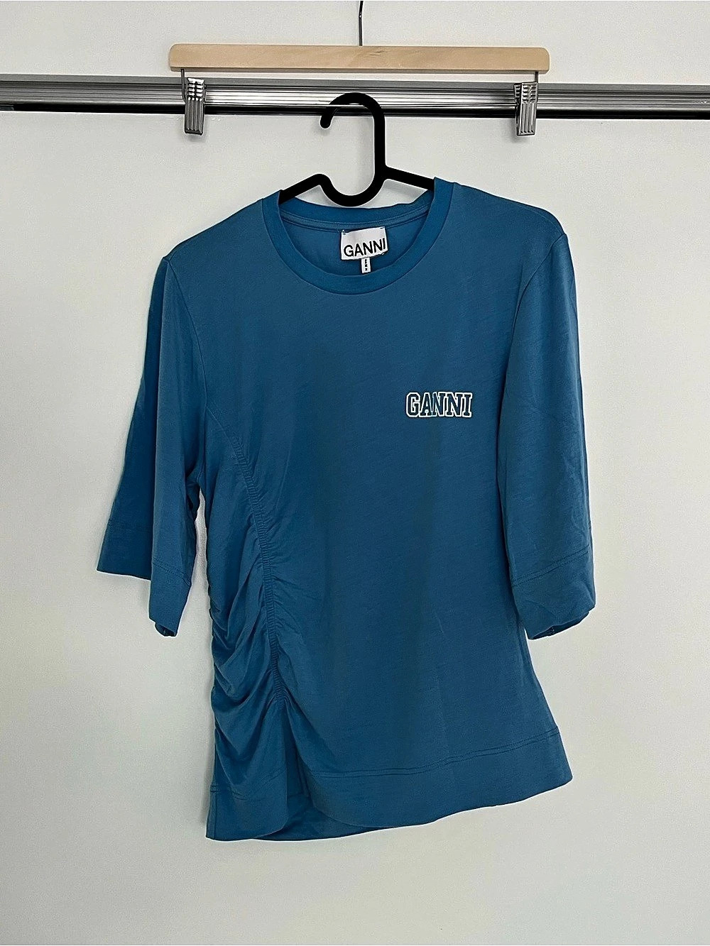 GANNI Logo Jersey Ruched T-Shirt Blue